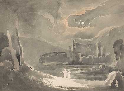 月光下的风景和一座被毁坏的城堡`Moonlit Landscape with a Ruined Castle (between 1820 and 1830) by John Martin