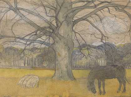 草地上光秃秃的山毛榉，有羊和马`Kale beuk op een weide met schapen en een paard (1897) by Richard Nicolaüs Roland Holst