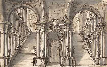 舞台布景设计双楼梯穿孔`Design for a Stage Set; Double Stairway Pierced by an Arcade (1698–1765) by an Arcade by Giovanni Battista Natali III