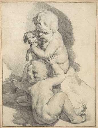 两个男孩和一只小狗`Two Boys with a Puppy (mid~17th century) by Cornelis Visscher