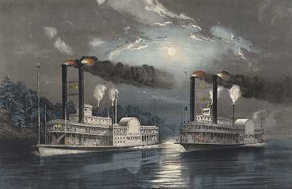 密西西比河上的午夜赛跑`A Midnight Race on the Mississippi (April 1860) by Frances Flora Bond Palmer