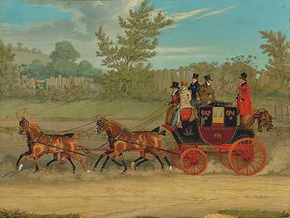 伦敦爱丁堡皇家邮政大巴在夏日里以轻快的步伐前进`The London~Edinburgh Royal Mail coach setting a brisk pace on a summer day (1821) by James Pollard