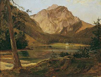 前面的朗巴斯湖和赫伦格伯奇`Der vordere Langbathsee mit dem Höllengebirge (1828~1830) by Friedrich August Matthias Gauermann