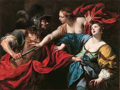 维纳斯阻止她的儿子埃涅阿斯杀死特洛伊的海伦`Venus preventing her son Aeneas from killing Helen of Troy (circa 1650) by Luca Ferrari