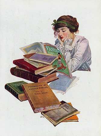 书虫和她最喜欢的书`The book worm and her favorite book (1914) by Will Houghton