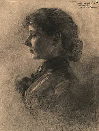 一个女人的侧面肖像，转向左边`Portrait of a Woman in Profile, Turned to the Left (1890) by William Sommer