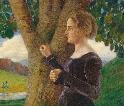 穿着紫色天鹅绒连衣裙的年轻女子`Junge Frau in violettem Samtkleid (Ca. 1910~20) by Rudolf Riemerschmid