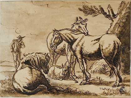 马、山羊和一个人`Horses, Goat and a Man by Dirck Stoop