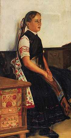 一位穿着传统服装的年轻女子的肖像`Portrait of a Young Woman in Traditional Dress by Nikolai Vasilievich Haritonoff