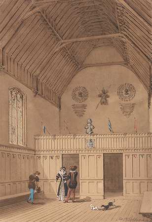 带有16世纪服饰人物的椽子大厅`Raftered Hall with Figures in 16th Century Dress by James Pattison Cockburn