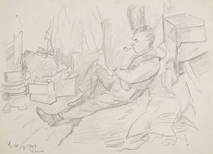 一个拿着烟斗的男人坐在避难所里`Mężczyzna z fajką siedzący w schronie (1944) by Ivan Ivanec