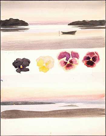 两幅黄昏风景画被花的研究分开`To aftenlandskaber adskilt af studier af blomster (1896 ~ 1897) by Agnes Slott-Møller