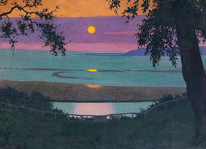 优雅的日落，橙色和紫色的天空`Sunset At Grace, Orange And Violet Sky (1918) by Félix Vallotton