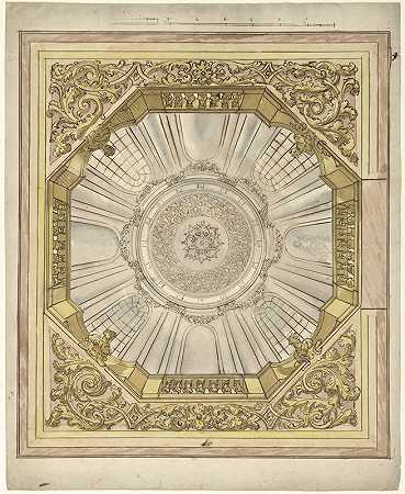 天花板绘画的设计，带有幻觉的圆顶穹顶，其中有一个玫瑰花结`Ontwerp voor een plafondschildering met illusionistische koepelgewelf waarin een roset (1677 ~ 1755) by Elias van Nijmegen
