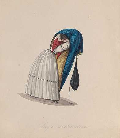 从后面看，一个女人走进了她的房间`A woman getting into her saya viewed from behind (ca. 1848) by Francisco Fierro