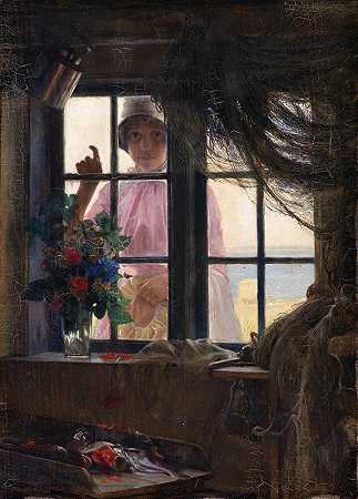 洗澡后。一个年轻女孩敲渔夫的门窗户`After the Bath. A Young Girl Knocking at the Fishermans Window (1884) by Carl Bloch