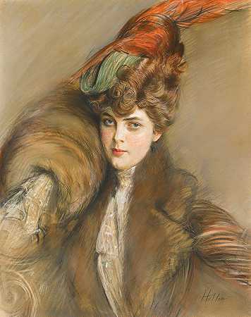 戴羽毛帽的女士`Lady In A Feather Hat by Paul César Helleu