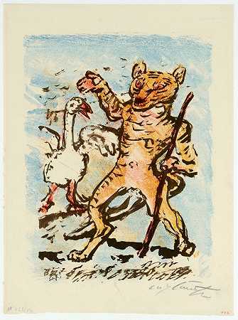 猫和一只会唱歌的鹅在嬉戏`Der Kater Hinze Und Eine Singende Gans (1920) by Lovis Corinth