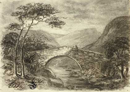 山间石桥`Stone Bridge in Mountains (c. 1855) by Elizabeth Murray