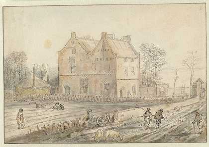 田野里有播种者的乡间小屋`View of a Country House with Sowers in the Field (c. 1610 ~ c. 1615) by Hendrick Avercamp