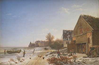 《冬天的下午》韦德布·k著`Strandvejen ved Vedbæk. Vintereftermiddag (1835 ~ 1837) by Johan Stroe