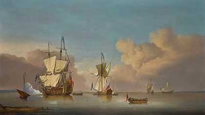 夜枪Men-o-战争和平静的大海中的驳船`The evening gun; Men~o~War and barges in a calm sea by Peter Monamy