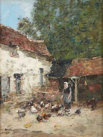 母鸡的起源`La Provende des Poules (1876) by Eugène Boudin