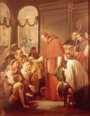 圣查尔斯·博罗密欧向人们施舍`Saint Charles Borromeo Handing out Alms to the People (1853) by José Salomé Pina