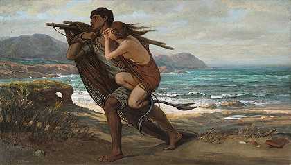 渔夫和美人鱼`Fisherman And Mermaid (1888~1889) by Elihu Vedder