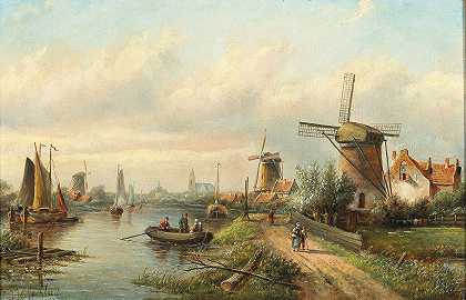 荷兰河流景观`Holländische Flusslandschaft by Jan Jacob Coenraad Spohler