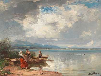 基姆西海岸的渔民`Fischer am Chiemseeufer (1900) by Joseph Wopfner