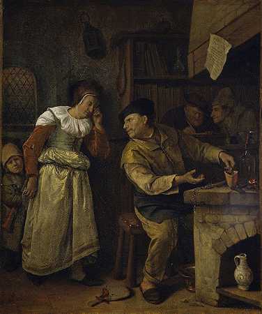 一个金匠在公证人面前熔化了一个女人的珠宝，炼金术士`A Goldsmith Melting Down a Woman’s Jewellery in the Presence of a Notary, The Alchemist (ca. 1668 – 1670) by Jan Steen