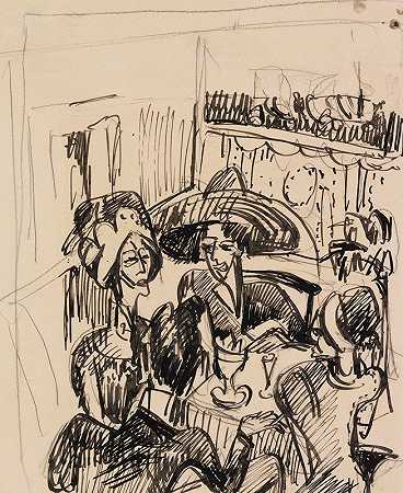 咖啡馆里的娱乐活动`Unterhaltung im Café (Ca) by Ernst Ludwig Kirchner
