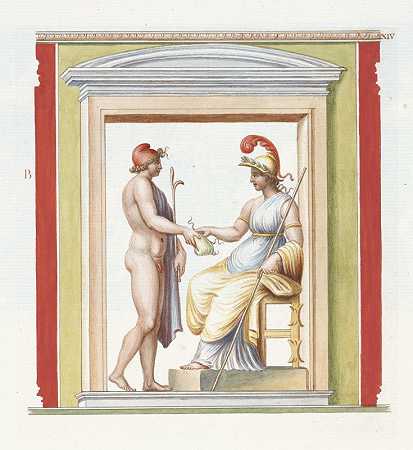 裸体青年走近坐着的雅典娜，描绘在壁龛内。`Nude youth approaching seated Athena, depicted within a niche. (1783) by Pierre-Jean Mariette