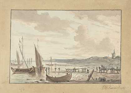 有帆船和教堂塔的海景`Kustgezicht met zeilschepen en kerktoren (1832) by R.A.C. Ziesenis