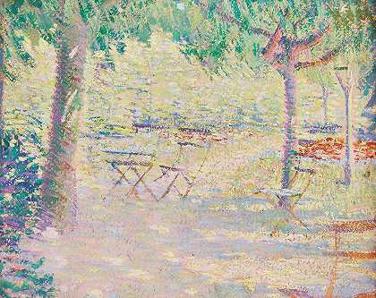 吉维尼阳光明媚的户外平台`Sunlit Outdoor Terrasse, Giverny (c. 1905) by Philip Leslie Hale