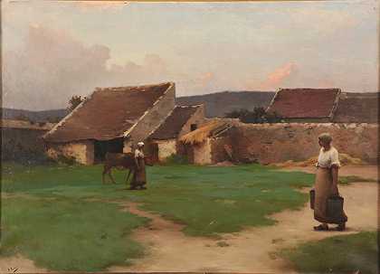 农场庭院`Une cour de ferme (1881) by Henry Lerolle