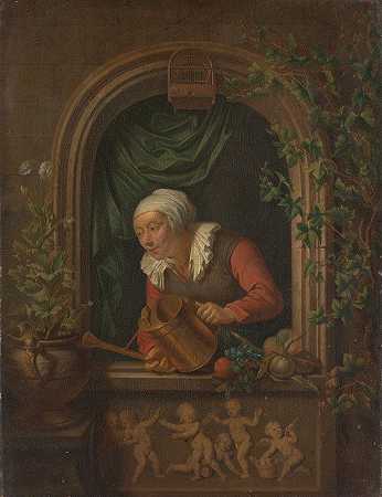 给植物浇水的女人`Woman Watering a Plant (1720 ~ 1771) by Louis de Moni