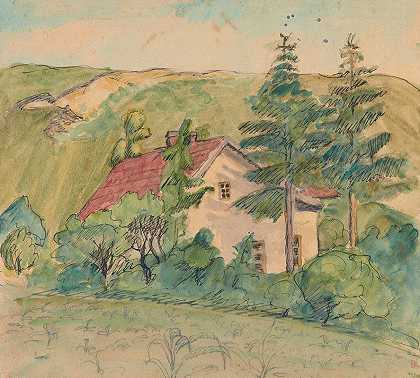 山丘背景上的树丛中的房子`Dom wśród drzew na tle wzgórza (1931) by Sofija Paraszczuk