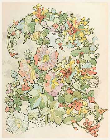 纺织品设计-金银花和蜀葵`Textile Design~ Honeysuckle and Hollyhocks (1897–98)