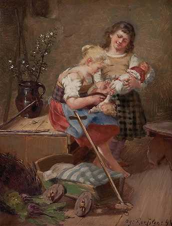 两个带娃娃的女孩`Zwei Mädchen mit Puppen (1894) by Georg Rössler