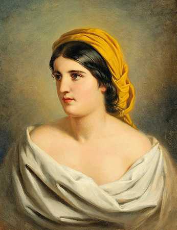 一个戴着黄色头巾的女人的肖像`Portrait of a Woman with Yellow Headscarf by Anton Ebert