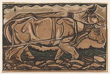 在阿纳姆为海德玛特·沙皮吉绘画设计两只牵牛`Ontwerp voor schildering Heidemaatschappij te Arnhem; twee trekossen (1913) by Richard Nicolaüs Roland Holst