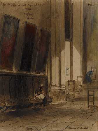 大教堂的屋内`Interior of a Cathedral by Louis-Adolphe Hervier