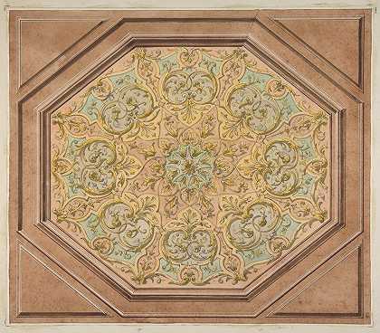 用rinceaux装饰六角形天花板的设计`Design for the decoration of a hexagonal ceiling with rinceaux (1830–97) by Jules-Edmond-Charles Lachaise