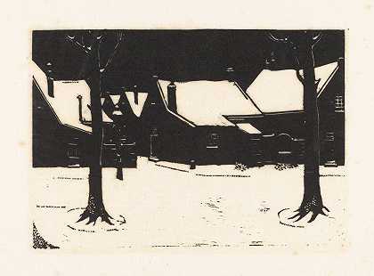 有两棵树的雪地广场`Besneeuwd plein met twee bomen (1928) by Dick Ket