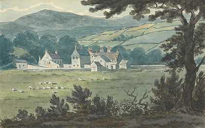 农场和放牧绵羊的乡村景观`Rural Landscape Scene with Farm and Grazing Sheep by Thomas Bradshaw