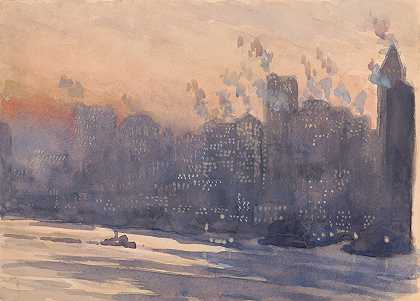 夜晚的纽约市海港和天际线`New York City harbor and skyline at night (1921) by Joseph Pennell
