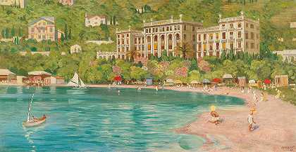 Portoroz，海湾中的夏日，可以看到格兰德（今天是凯宾斯基）`Portoroz, Ein Sommertag in der Bucht mit Ansicht des Grand Hotel (heute Hotel Kempinski) by Glauco Cambon