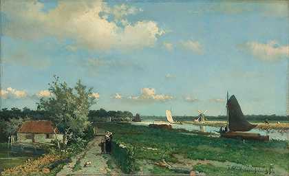 Rijswijk附近的Trekvliet航运运河，被称为“Geest Bridge附近的景观”`The Trekvliet Shipping Canal near Rijswijk, known as the ‘View near the Geest Bridge’ (1868) by Johan Hendrik Weissenbruch